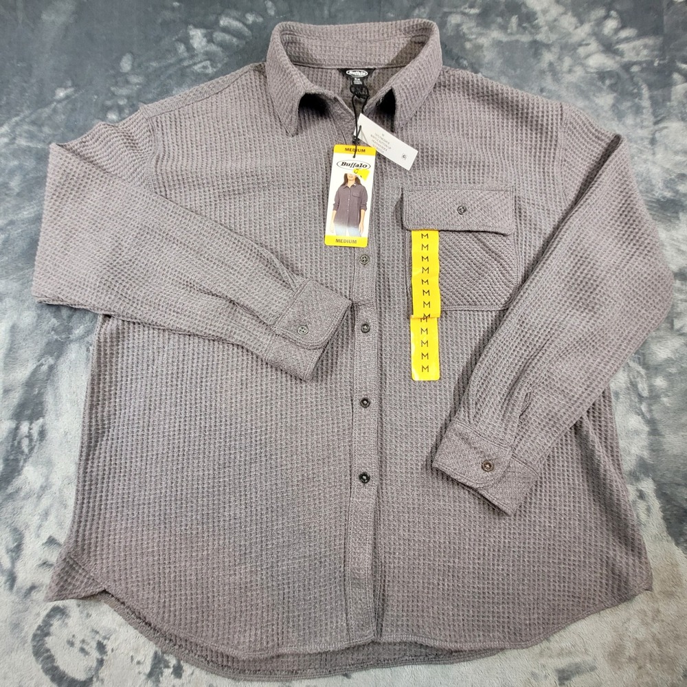 Buffalo Jeans Womens Waffle Knit Button Up Shirt Heather‎ Rock Grey Medium NEW